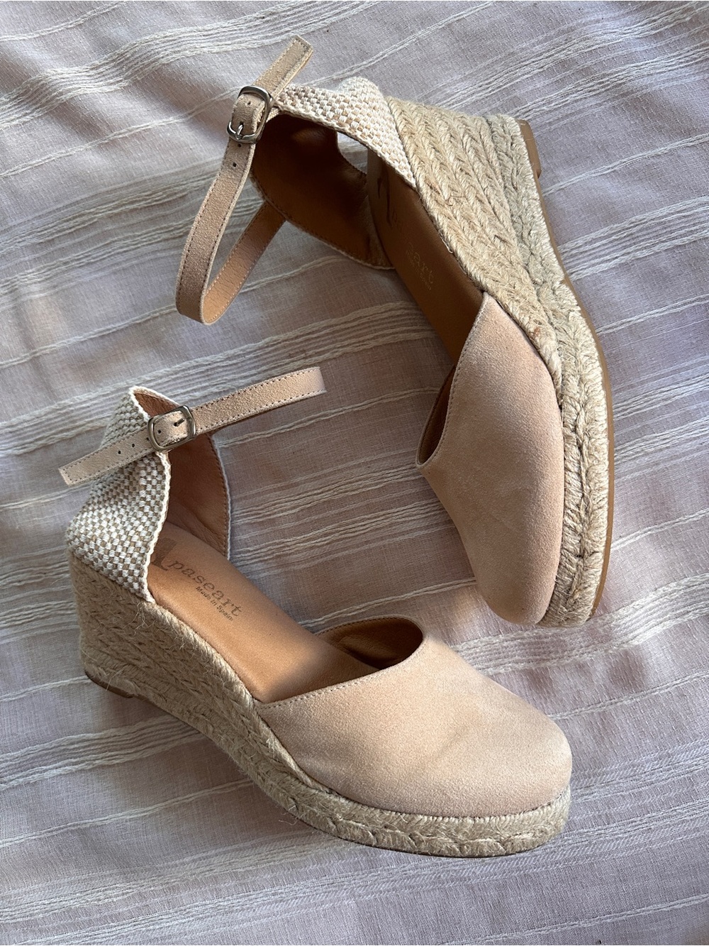 PASEART Beige Suede Wedge Espadrille Sandals | 8.5